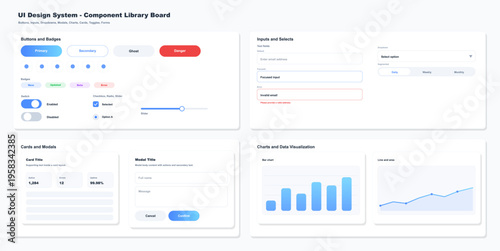 UI Design System Component Library Board with Charts. Clean dashboard with UI design system board showcasing buttons, badges, inputs, selects, cards, modals, toggles, sliders, and data charts. Vector