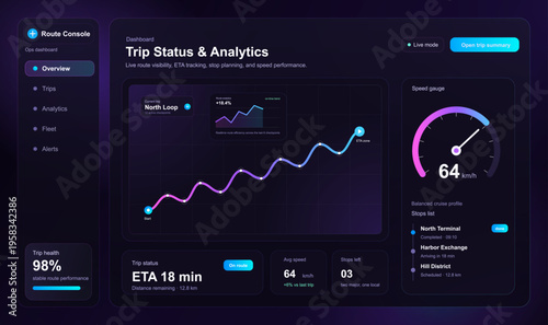 Logistics Dashboard UI with Trip Analytics and Speed Gauge. Futuristic transport UI, UX dashboard showing live trip status, route analytics, ETA, speed gauge, stop list. Control panel, vector graphic