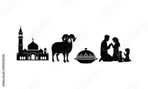 Islamic celebration concept showing mosque ram food and praying family silhouette vector
