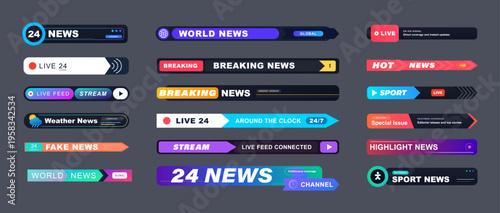 Broadcast News Lower Third Banner Set for Live TV Graphics. Colorful broadcast lower third banner collection with live, breaking, sport, weather, and world news labels for TV. Vector callouts set