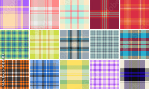 Plaid pack perfect for holiday mugs and tableware. Vector repeats enhance festive product designs.