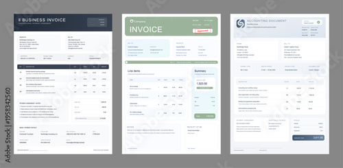 Business Invoice Template Set with Modern Accounting Documents. Collection of three professional invoice, accounting document templates with item tables, totals, billing details. Vector template set