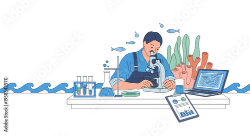 Marine biologist studying underwater life with microscope and laptop.