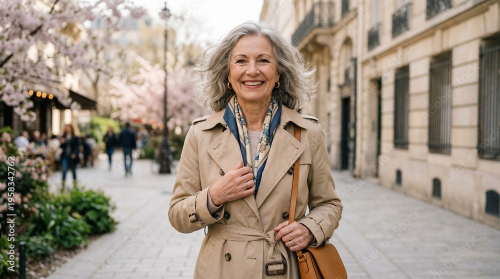 Fototapeta premium Charming Elderly Woman in Trench Coat Amid Parisian Cherry Blossoms