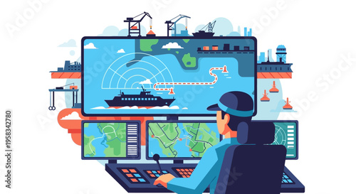 Maritime Control Center Operator Monitoring Ship Navigation.