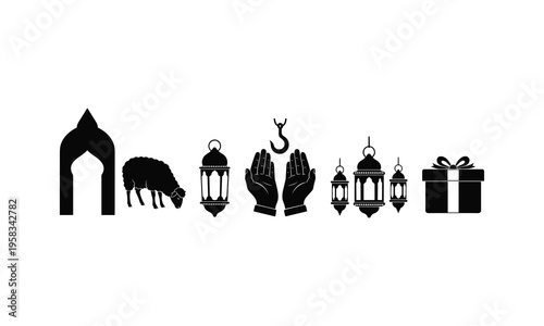 Ramadan kareem decoration elements with lantern sheep gift and praying hands vector art