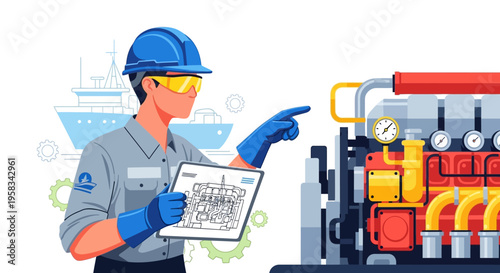 Mechanic Inspecting Industrial Engine with Blueprint.