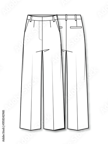 Women's high-waisted straight leg wide slacks technical fashion flat sketch vector template illustration front and back view apparel CAD mockup
