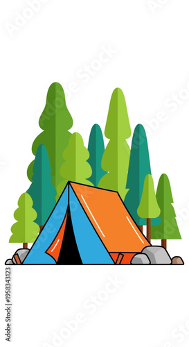 Orange and Blue Camping Tent in Forest Setting.