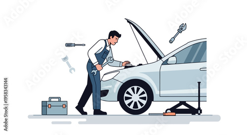 Mechanic Working on Car Engine Under Open Hood.