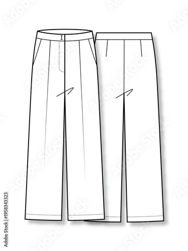 Women's one tuck wide fit pants technical fashion flat sketch vector template illustration front and back view apparel CAD mockup
