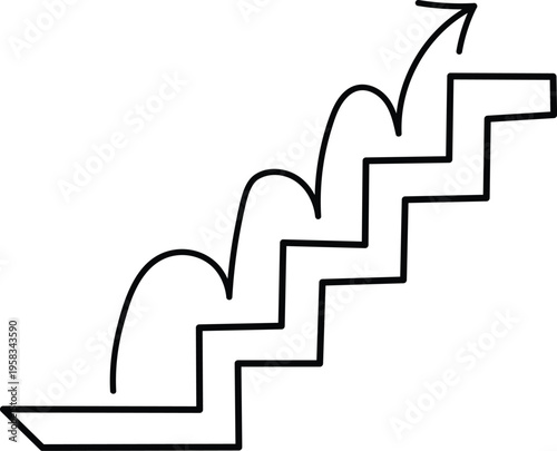 A black line drawing of a staircase with an arrow pointing upwards