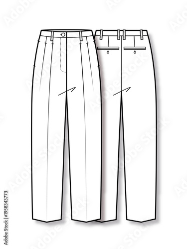 Women's two tuck trousers technical flat fashion sketch vector template illustration pleated pants front and back view tailored slacks classic formal apparel CAD drawing design mockup
