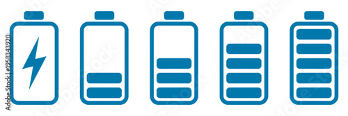 Batteries icon set, battery charge indicator, battery level energy full vector template, line outline icons for charging status power indicator