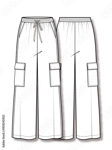 Women's wide leg elastic waistband drawstring cargo pants with flap pockets technical fashion flat sketch vector template illustration front and back view apparel CAD mockup
