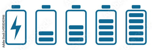 Batteries icon set, battery charge indicator, battery level energy full vector template, line outline icons for charging status power indicator