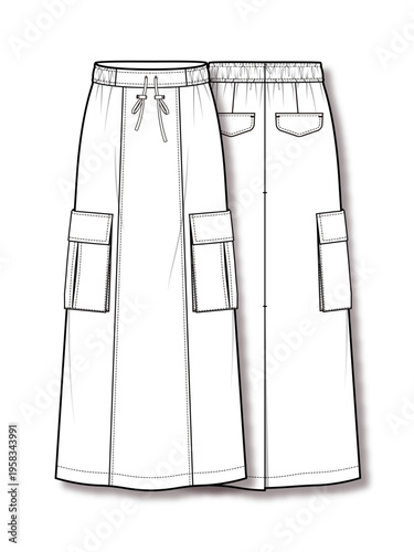 Womens cargo midi skirt technical flat fashion sketch vector template illustration drawstring waist utility skirt front and back view casual streetwear apparel CAD drawing design mockup
