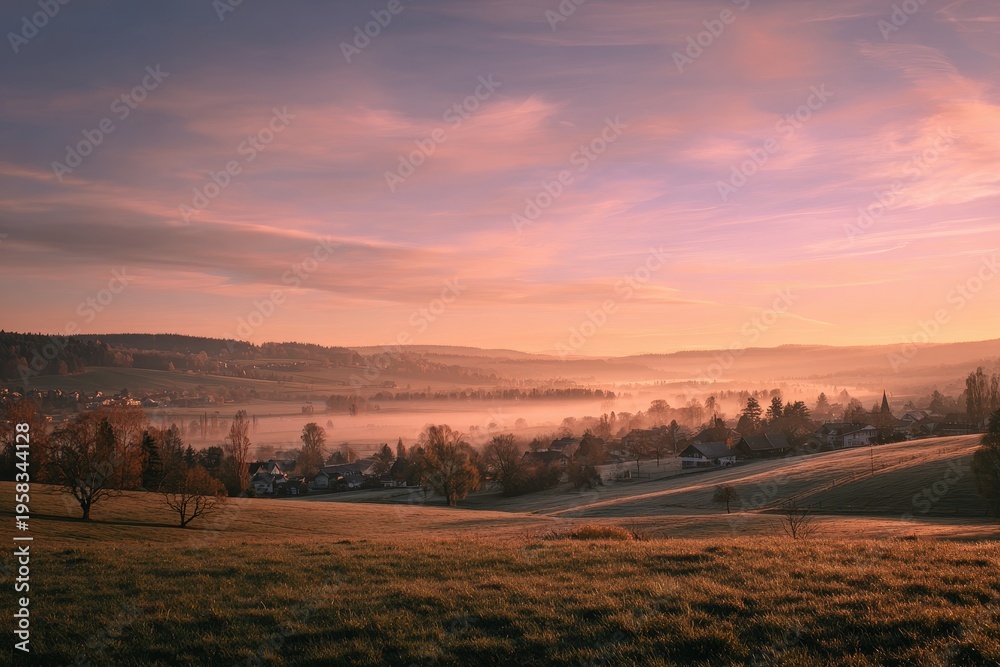 Fototapeta premium Morning mist over a rural hillside and sunrise rainbow