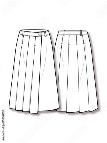 Women's asymmetric button pleated midi skirt technical fashion flat sketch vector template illustration front and back view apparel CAD mockup
