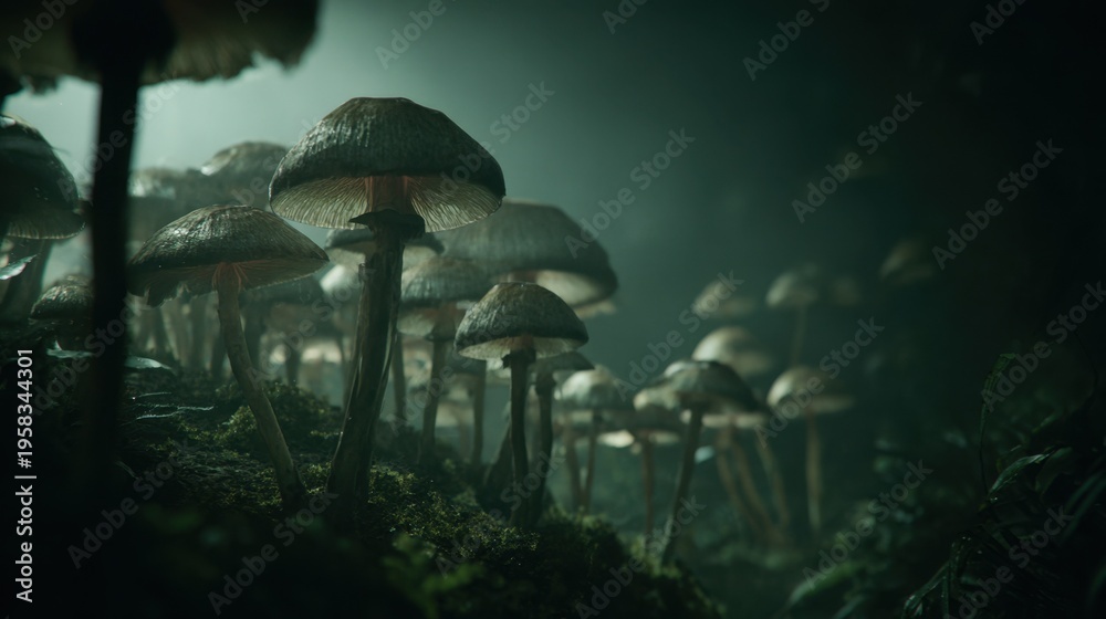 Fototapeta premium Mushrooms grow in a dark forest with soft light shining through the trees at dusk