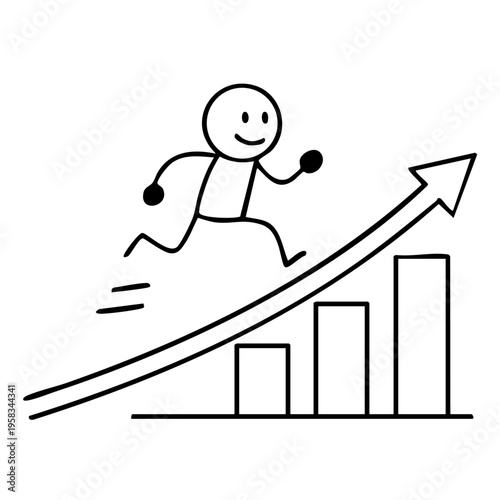 A simple stick figure illustration of a person running up a bar graph with an upward trend, symbolizing growth, success, and progress. The image conveys a sense of motivation, inspiration