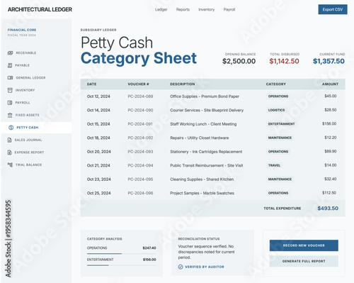 A clean, professional, and highly organized fintech dashboard interface for architectural firm management. The visual mood is authoritative yet accessible, utilizing a cool blue and white color 