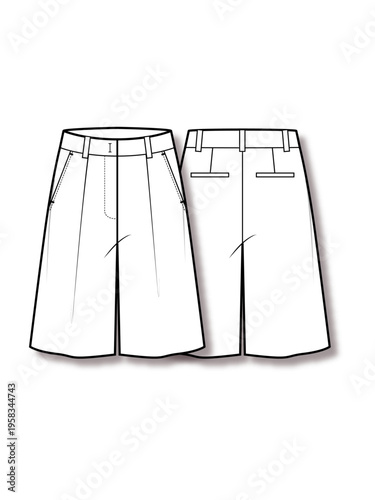 Women's one tuck wide leg bermuda slacks half pants technical fashion flat sketch vector template illustration front and back view apparel CAD mock up
