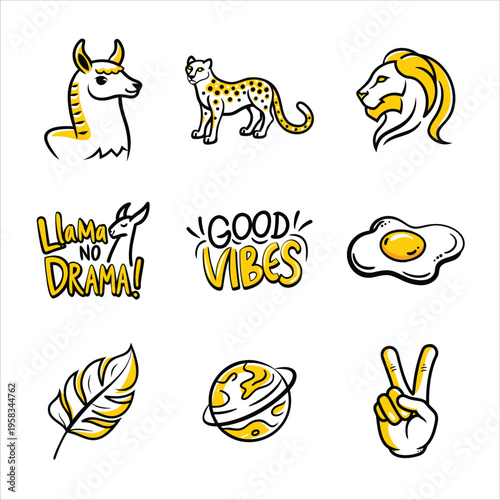 A set of nine stickers with various designs