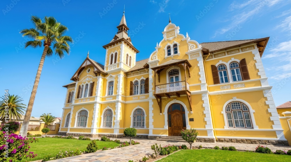 Fototapeta premium A large yellow house with a tall palm tree and blue sky