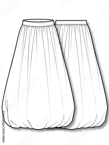 Women's long balloon skirt puff hem technical fashion flat sketch vector template illustration front and back view apparel CAD mockup
