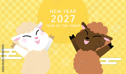  Two cute sheeps cartoon background. Chinese new year of the sheep or the ram 2027 greetings card.