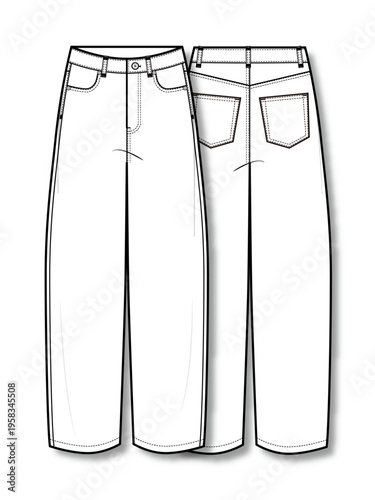 Women's high waisted barrel fit denim jeans tapered leg technical fashion flat sketch vector template illustration front and back view apparel CAD mockup
