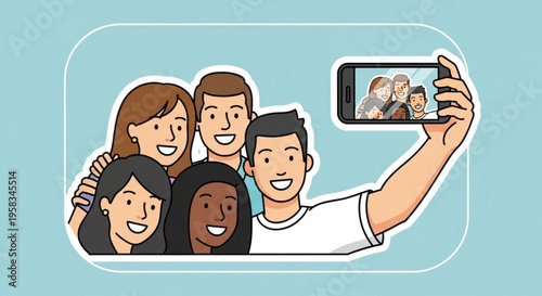 Diverse group of friends taking a selfie together outdoors on a smartphone