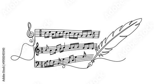 Hand-drawn musical notes with feather quill pen, artistic music composition concept
