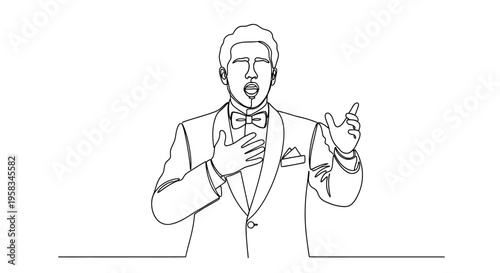 Opera Singer Performing Dramatic Aria, Single Line Art