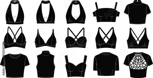 Collection of women tops silhouettes, various crop tops, bras and fashion apparel designs, black vector set isolated modern clothing illustration