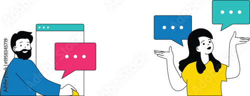 Illustration of a man and woman engaged in a multi-platform conversation
