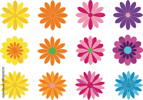 Colorful daisy flower set with bright flat design. Modern floral collection in vibrant yellow, orange, pink and purple tones. Decorative vector elements for cheerful design.