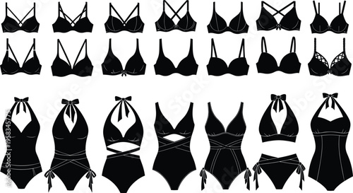 Collection of black lingerie silhouettes, various bra and swimsuit designs, fashion vector set, women's underwear, minimal style isolated illustration modern