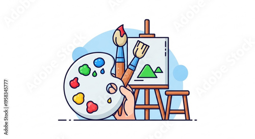 Hand holding paintbrushes and palette creating artwork on easel with colorful mountains