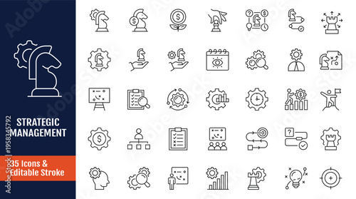 Strategic Management Icons set. Includes business strategy, organization, decision, and more. Outline icon with Editable stroke. Vector illustration