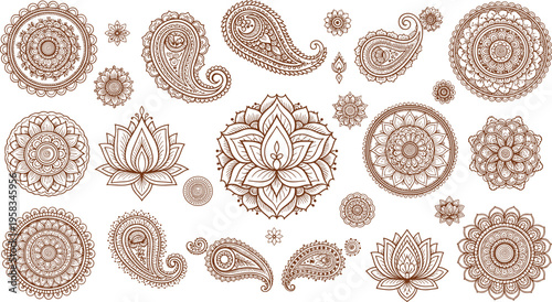 Intricate mehndi mandala and paisley ornament collection with floral elements traditional henna design vector set isolated