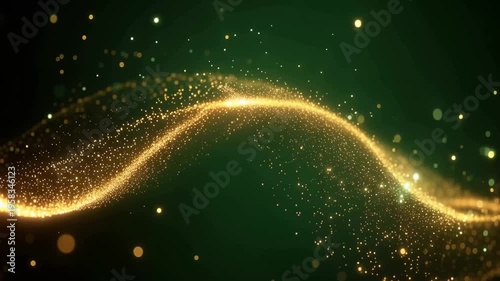 Glistening golden waves move gracefully across a deep green background, creating a dreamy atmosphere filled with sparkling lights that enchant and inspire wonder.