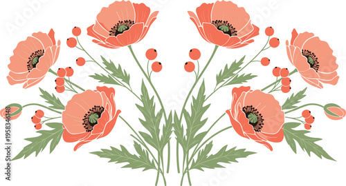 Coral poppy floral composition. Symmetrical botanical arrangement with leaves and berries. Decorative nature illustration for wedding, textile, and elegant design projects.
