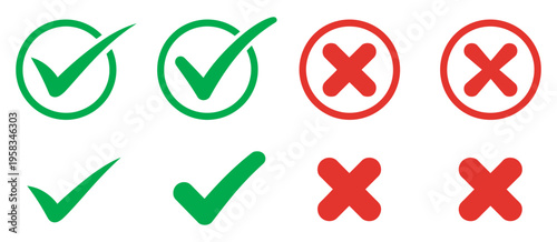 Green tick and red cross icon collection, checkmark and cross symbols in colored circles, confirmation cancel actions, web and mobile app validation design vector