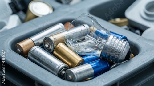 Close-up of used batteries and broken lightbulb in grey recycling container, promoting environmental awareness