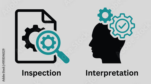 Inspection and interpretation vector graphic illustration for business process analysis and strategy planning with icons representing document review and thought leadership