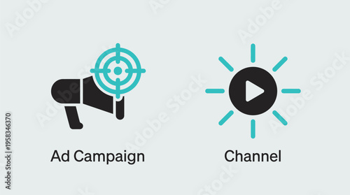 Vector graphic illustration of ad campaign and channel icons for marketing and advertising strategies