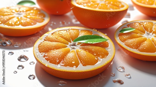 fresh orange slices with juicy pulp texture and water droplets