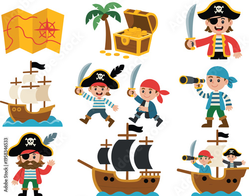 Cartoon pirate characters set with treasure map ship chest sword and adventure elements isolated vector illustration collection